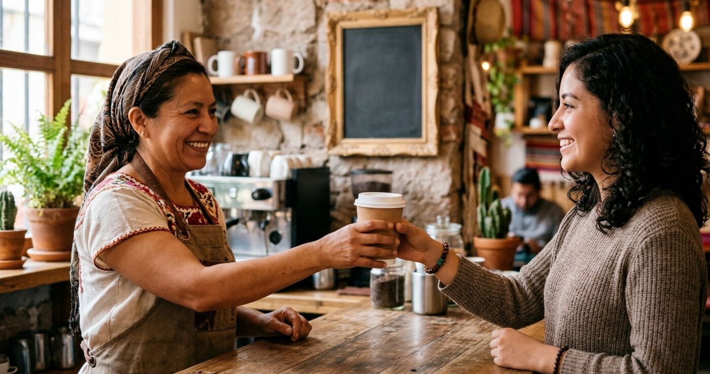Dueña de una cafetería entregando un café a una clienta con membresía