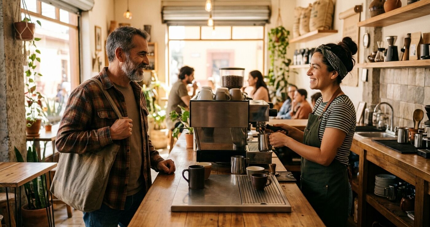 Barista saludando a un cliente frecuente en una cafetería
