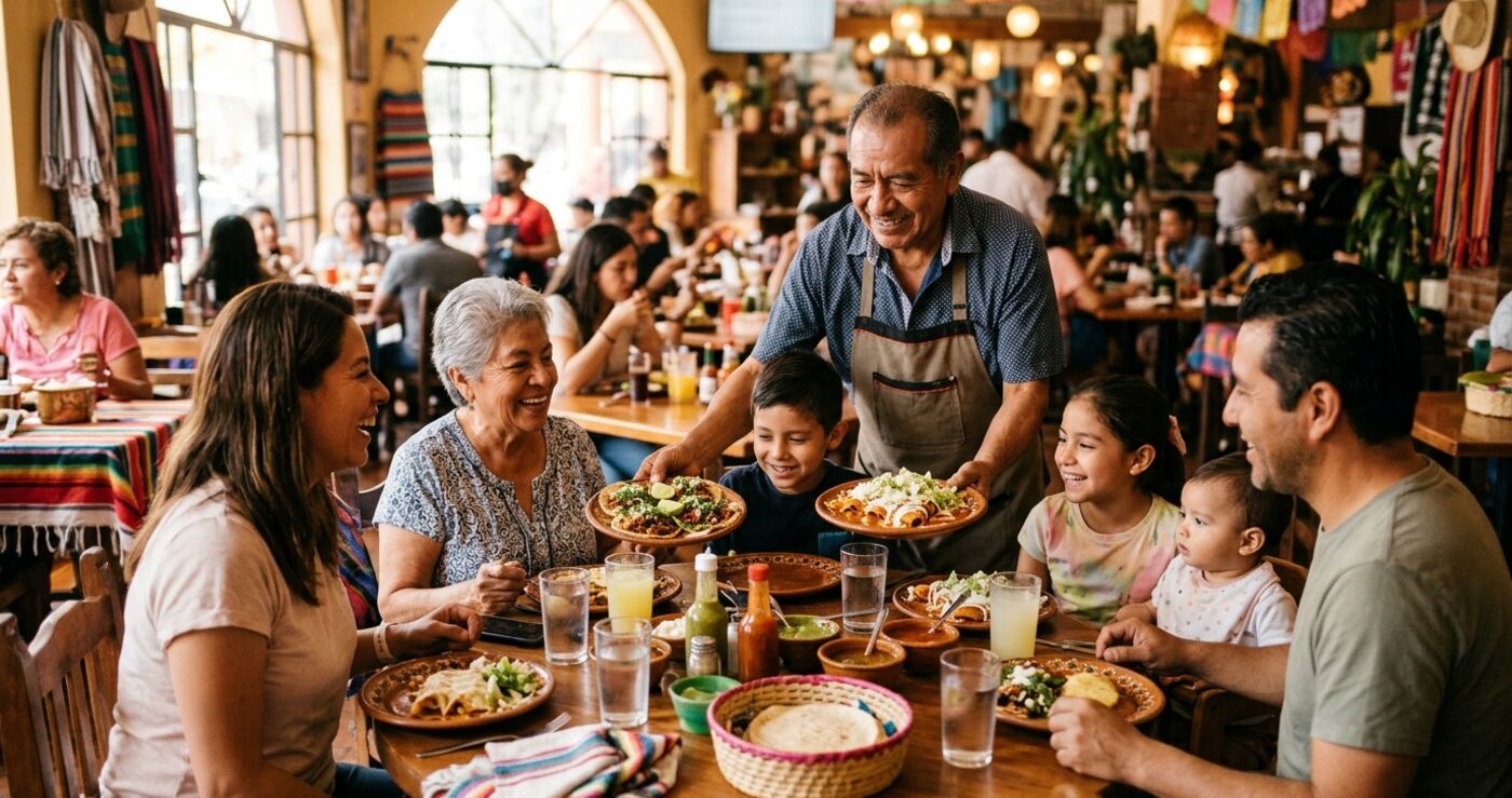 Mesero sirviendo platillos a una familia en un restaurante