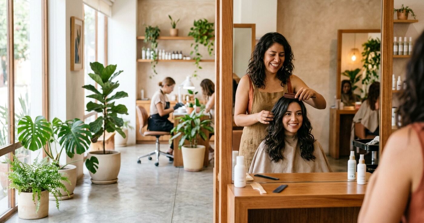 Estilista terminando un peinado en un salón de belleza