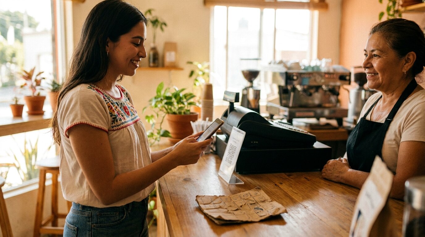 Clienta escaneando el QR de puntos por visita en una cafetería, con la tarjeta de sellos de cartón abandonada en el mostrador