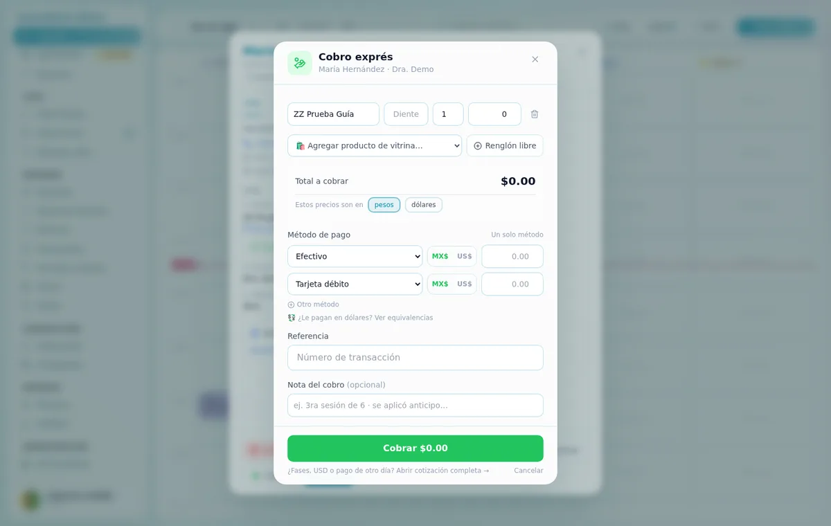 Modal Dividir pago de Lealify Dental con un renglón por método de pago y selector de moneda MX$ / US$