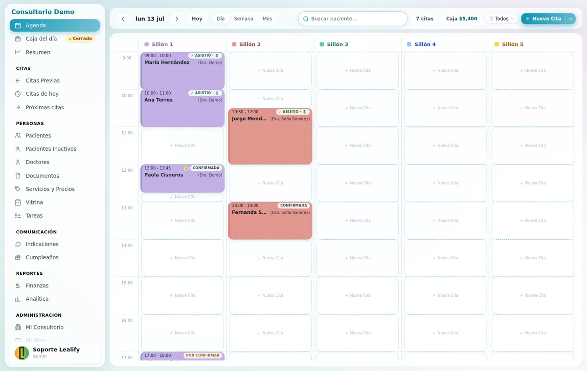 Agenda de Lealify Dental en vista Día con una columna por sillón, horas en vertical y citas de colores según su estado