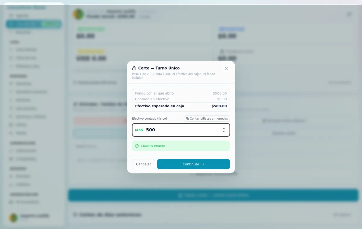 Corte de caja del día en Lealify Dental: ingresos por forma de pago, salidas y arqueo del turno