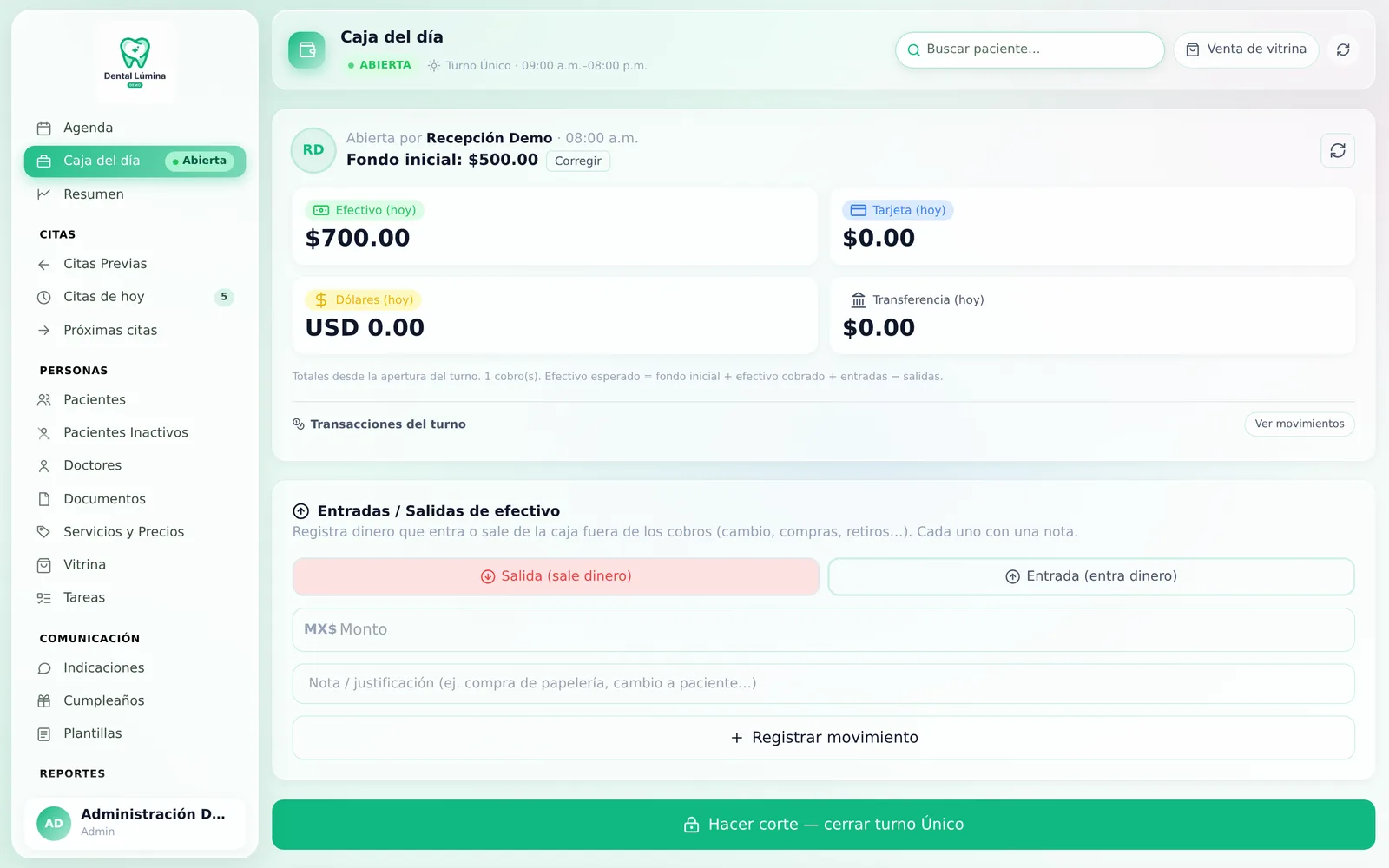 Pantalla Caja del día de Lealify Dental con turno abierto, fondo inicial de $500, efectivo, tarjeta, dólares y transferencia del día, entradas y salidas de efectivo y el botón para hacer corte