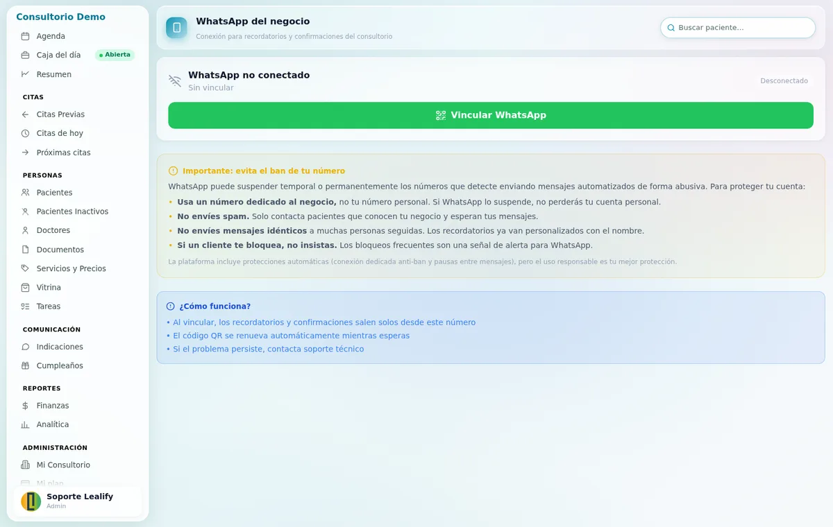 Pantalla WhatsApp del negocio en Lealify Dental con el número del consultorio conectado para mandar recordatorios de citas por WhatsApp