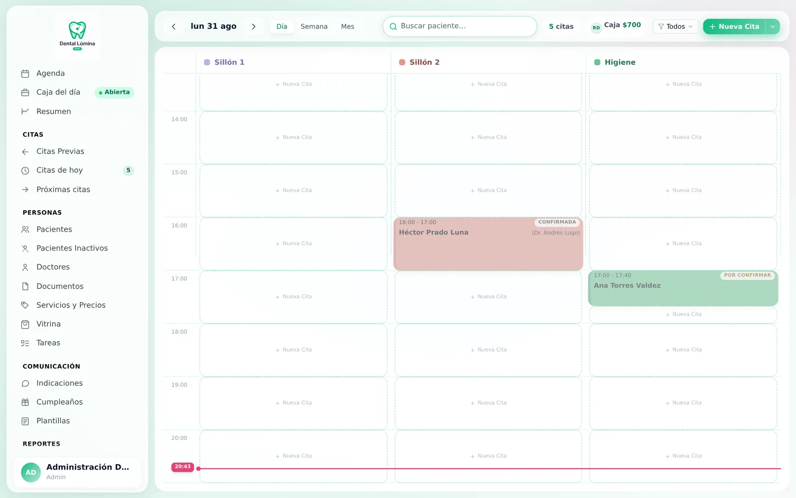 Software dental Lealify: agenda del día con citas por sillón, confirmadas y por confirmar, y caja del día
