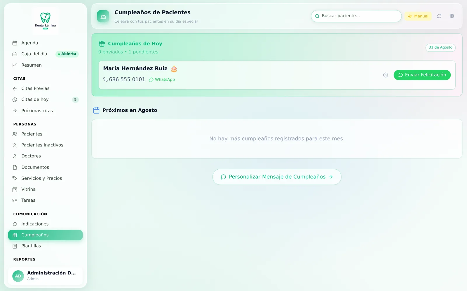 Cumpleaños de pacientes del día con botón para felicitar por WhatsApp