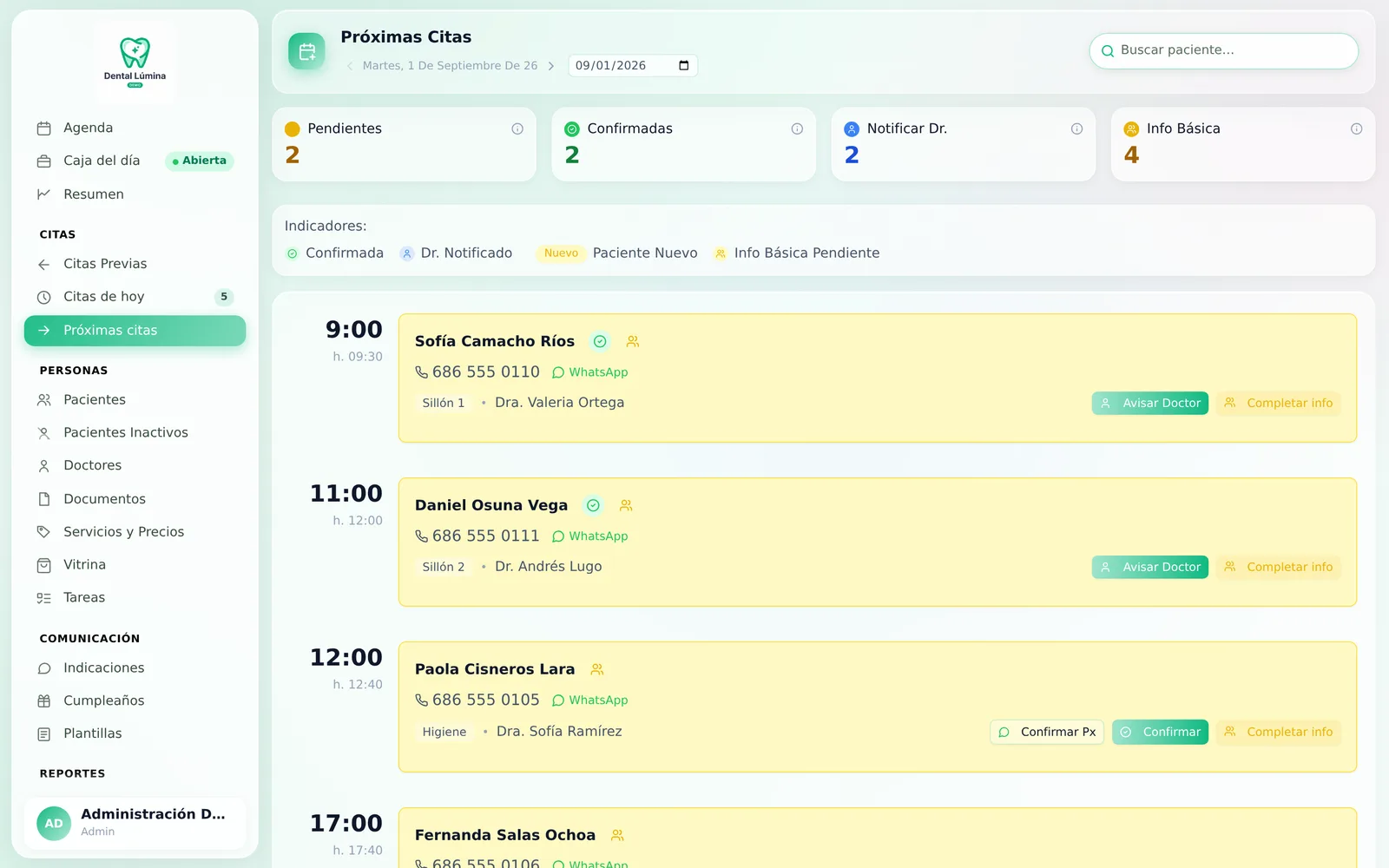 Próximas citas con botones de WhatsApp para confirmar y avisar al doctor