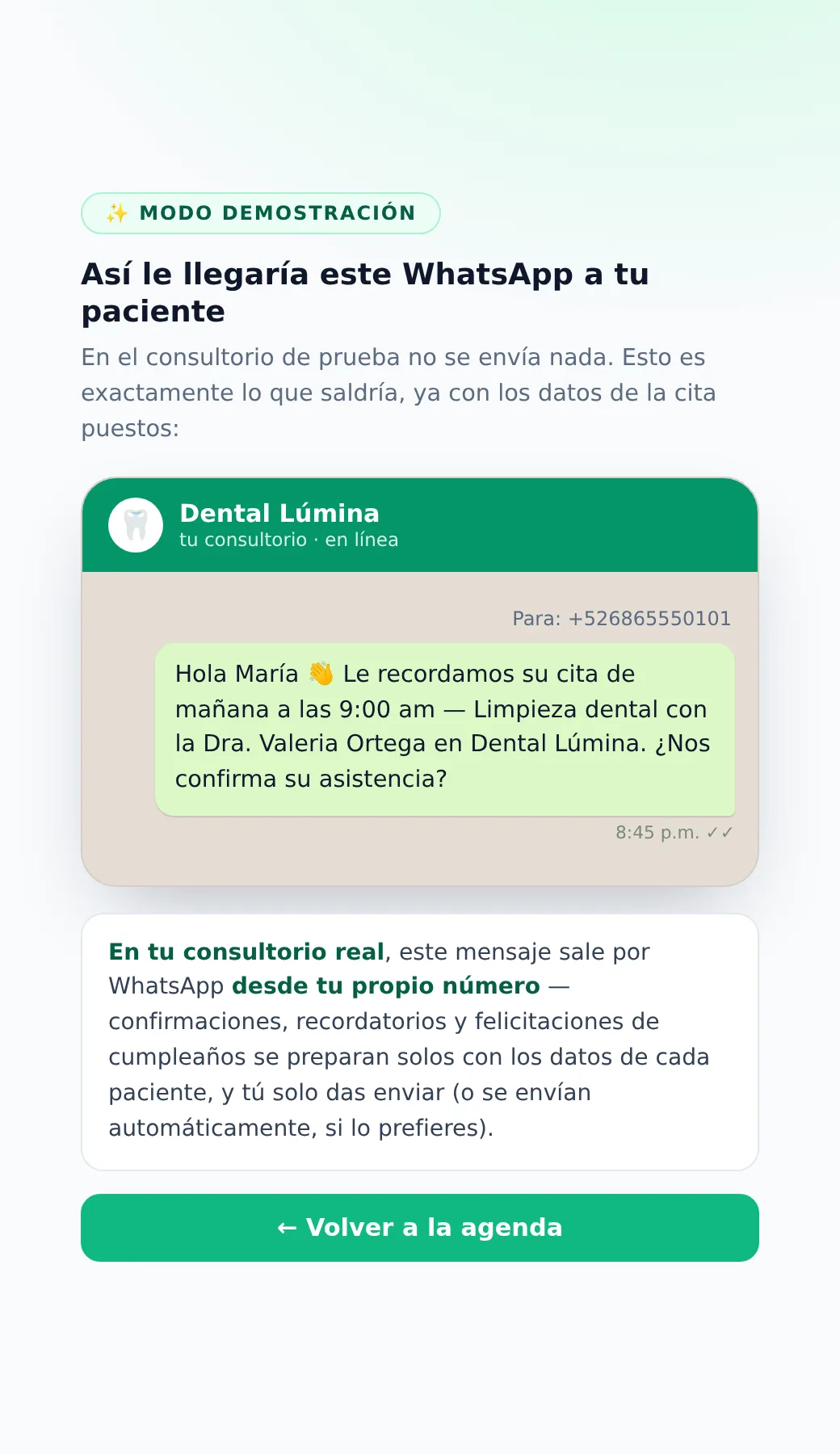 Recordatorio de cita por WhatsApp enviado por Lealify Dental con botones para confirmar, cancelar o reagendar