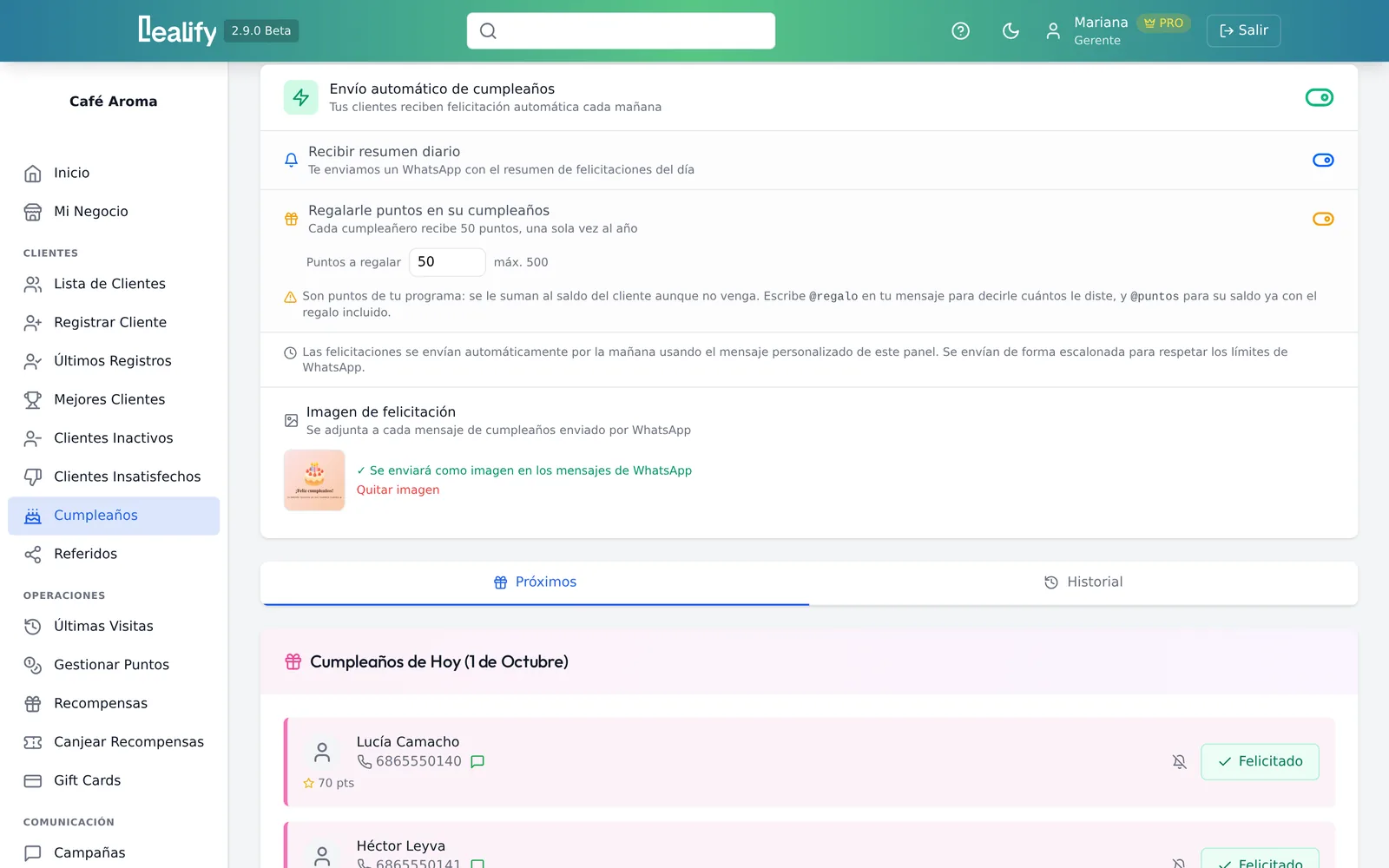 Configuración del envío automático de cumpleaños