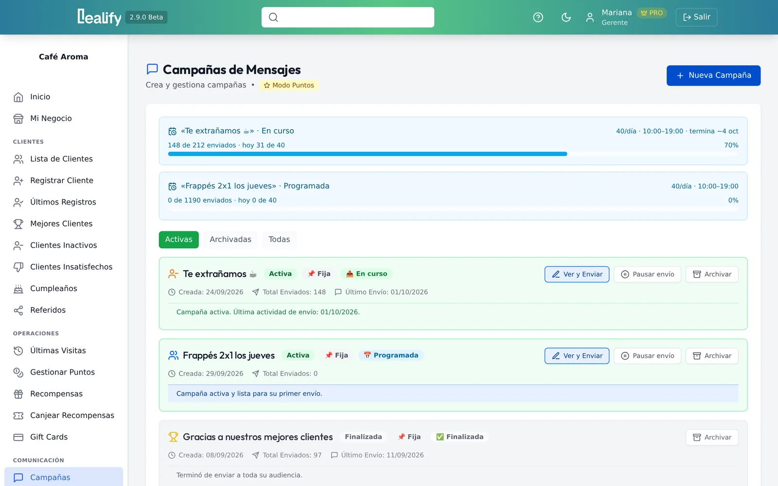 Campañas de WhatsApp en curso y programadas