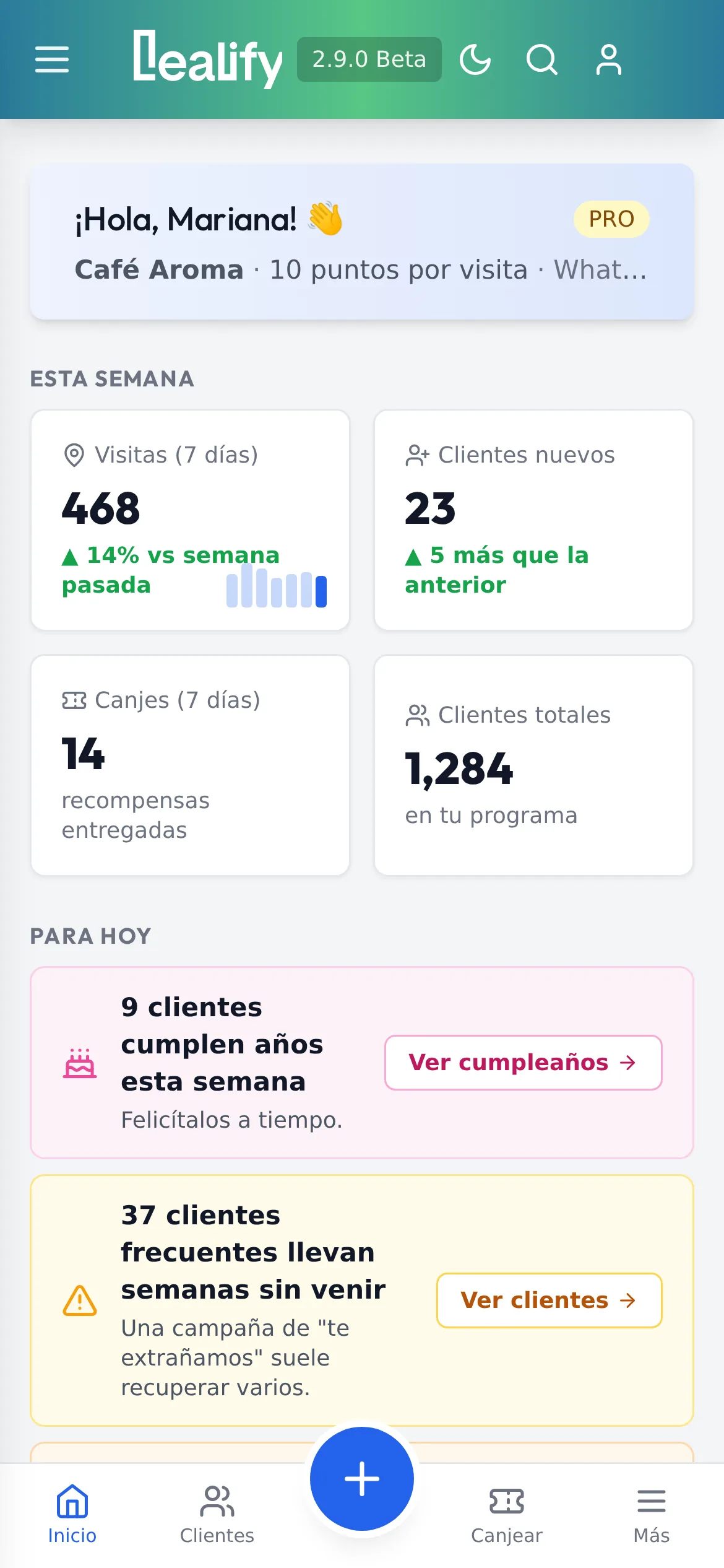 El panel de Lealify en el celular