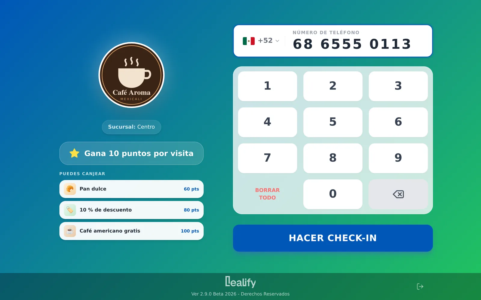 Kiosco de Lealify: el cliente teclea su teléfono y ve los premios que puede canjear