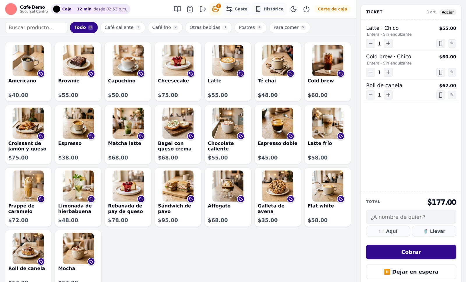 Pantalla de venta de Lealify POS: catálogo por categorías de una cafetería, ticket con tres productos, sus toppings y el total