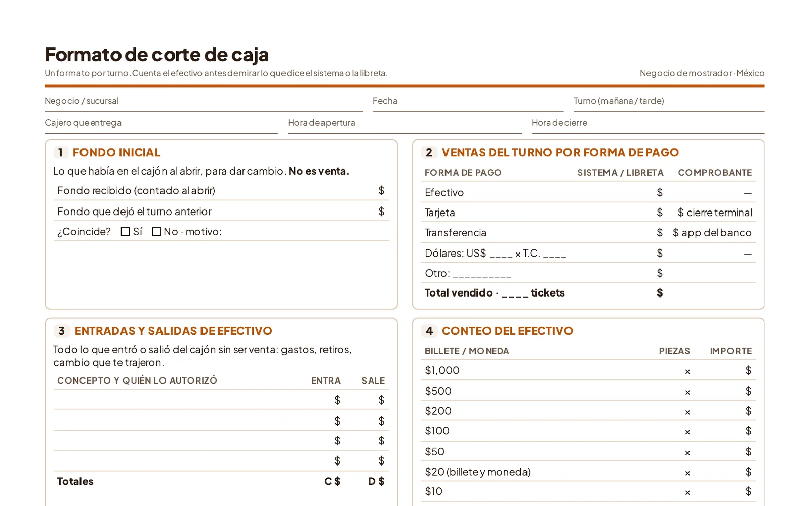 Formato de corte de caja para imprimir: fondo inicial, ventas por forma de pago, entradas y salidas de efectivo, conteo por billete y moneda, y el cálculo de la diferencia